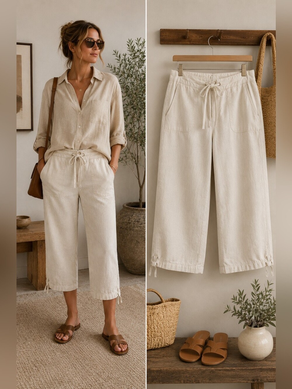 Anonyme Linen Cotton Cropped Leg Pants Women's Size 10 Ivory Drawstring Casual